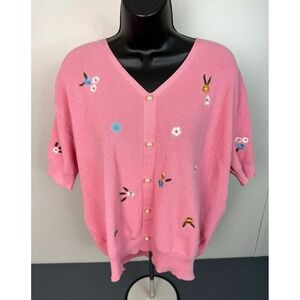 Women's V-Neck Faux Pearl Button Short Sleeve Sweater Top Pink Size XL Retro